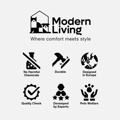 Modern Living. Where comfort meets style. No Harmful Chemicals, Durable, Designed in Europe, Quality Check, Developed by Experts, Pets Welfare. Texto en inglés. Modern Living. Where comfort meets style. No Harmful Chemicals, Durable, Designed in Europe, Quality Check, Developed by Experts, Pets Welfare. Texto en inglés.
