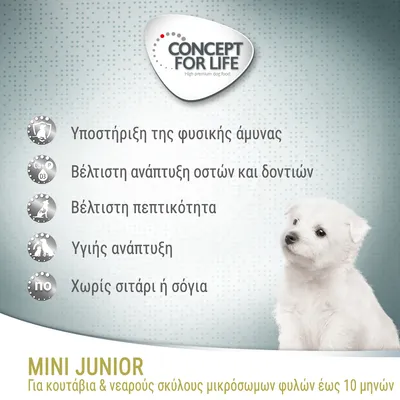 CONCEPT FOR LIFE. Υποστήριξη της φυσικής άμυνας, βέλτιστη ανάπτυξη οστών και δοντιών, βέλτιστη πεπτικότητα, υγιής ανάπτυξη, χωρίς σιτάρι ή σόγια. MINI JUNIOR για κουτάβια έως 10 μηνών.