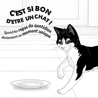 C'est si bon d'être un chat ! Quand les repas quotidiens deviennent un moment unique. Dessin d'un chat à côté d'une assiette vide. C'est si bon d'être un chat ! Quand les repas quotidiens deviennent un moment unique. Dessin d'un chat à côté d'une assiette vide.
