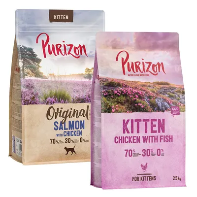 Purizon Kitten Trockenfutter. Sorten: Lachs mit Huhn und Huhn mit Fisch. 70% Fleisch, 30% Gemüse, 0% Getreide. Packungsgrössen sichtbar: 2,5 kg.