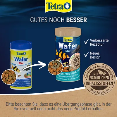 Tetra Wafer Mix mit verbessertem Rezept, neuem Design und natürlichen Inhaltsstoffen. Ohne Zusatz von Konservierungsstoffen oder Farbstoffen. Hinweis: Übergangsphase zu neuem Produkt.