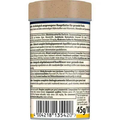 Hoofdvoer voor siervissen, analytische bestanddelen: ruw eiwit 52%, ruw vet 11%, ruwe vezel 2%, vocht 8%, zuurteregelaar: citroenzuur 330 mg/kg. 45 g. Hoofdvoer voor siervissen, analytische bestanddelen: ruw eiwit 52%, ruw vet 11%, ruwe vezel 2%, vocht 8%, zuurteregelaar: citroenzuur 330 mg/kg. 45 g.