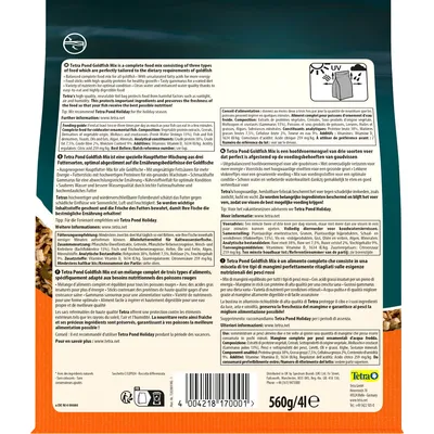 Back of Tetra Pond Goldfish Mix 560g/4l pack showing feeding guide, ingredients, nutritional analysis, and product information in multiple languages. Barcode and Tetra brand visible.