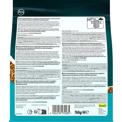 Back of Tetra Pond Multi Mix 760g packaging with feeding guide, nutritional analysis, instructions in multiple languages, barcode, and Tetra brand. Visible text includes '760g/4l'. Back of Tetra Pond Multi Mix 760g packaging with feeding guide, nutritional analysis, instructions in multiple languages, barcode, and Tetra brand. Visible text includes '760g/4l'.