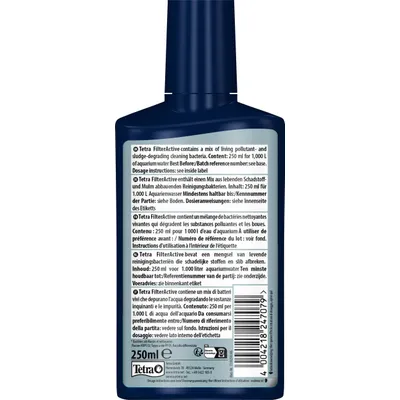 Tetra FilterActive bevat levende reinigingsbacteriën. Inhoud: 250 ml voor 1.000 l aquariumwater. Dosering: zie binnenzijde van het etiket. Tetra FilterActive bevat levende reinigingsbacteriën. Inhoud: 250 ml voor 1.000 l aquariumwater. Dosering: zie binnenzijde van het etiket.