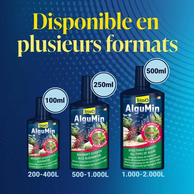 Tetra AlguMin en trois formats : 100 ml pour 200–400 L, 250 ml pour 500–1 000 L, 500 ml pour 1 000–2 000 L. Combat efficacement toutes les sortes d’algues. Tetra AlguMin en trois formats : 100 ml pour 200–400 L, 250 ml pour 500–1 000 L, 500 ml pour 1 000–2 000 L. Combat efficacement toutes les sortes d’algues.