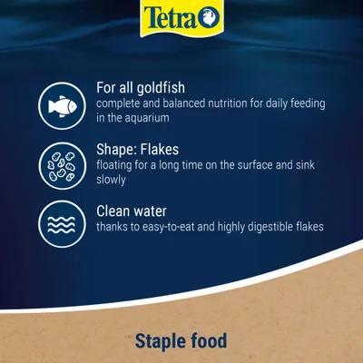 Tetra. For all goldfish: complete nutrition for daily feeding. Form: flakes, float for a long time and sink slowly. Clean water thanks to easily digestible flakes.
