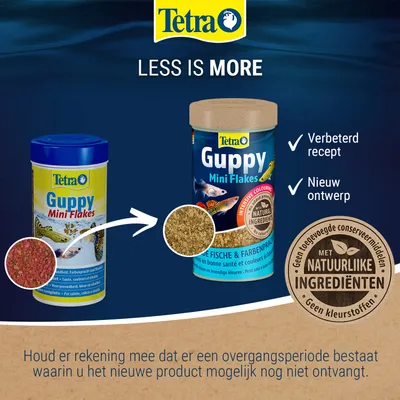 Tetra Guppy Mini Flakes met verbeterd recept en nieuw design. Bevat natuurlijke ingrediënten, geen toegevoegde conserveermiddelen of kleurstoffen. Tetra Guppy Mini Flakes met verbeterd recept en nieuw design. Bevat natuurlijke ingrediënten, geen toegevoegde conserveermiddelen of kleurstoffen.