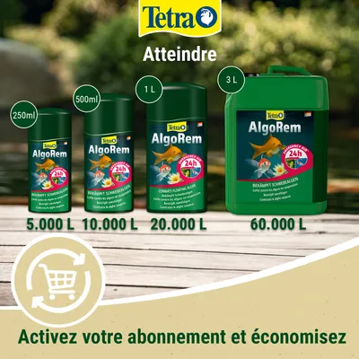 Tetra AlgoRem en 250 ml, 500 ml, 1 L et 3 L pour 5 000 à 60 000 litres, lutte contre les algues en suspension, efficacité en 24 h. Tetra AlgoRem en 250 ml, 500 ml, 1 L et 3 L pour 5 000 à 60 000 litres, lutte contre les algues en suspension, efficacité en 24 h.