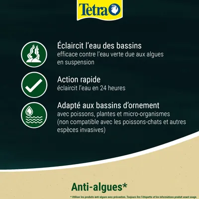 Tetra Anti-Algues : clarifie l’eau des bassins, agit contre les algues, action rapide en 24 heures, convient aux bassins ornementaux avec poissons et plantes, non compatible avec les poissons-chats. Tetra Anti-Algues : clarifie l’eau des bassins, agit contre les algues, action rapide en 24 heures, convient aux bassins ornementaux avec poissons et plantes, non compatible avec les poissons-chats.