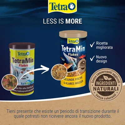 Tetra TetraMin Flakes, confronto tra vecchio e nuovo design della confezione. Testo visibile: Ricetta migliorata, Nuovo design, Con ingredienti naturali, Senza conservanti aggiunti.