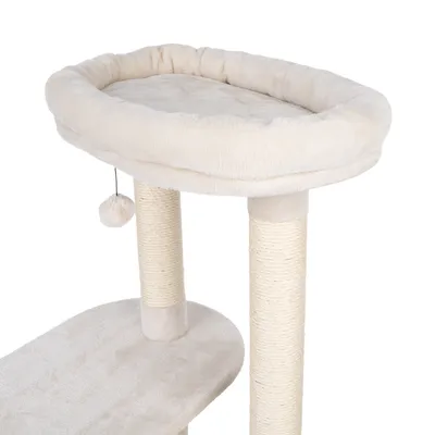 Kratzbaum mit beigem Plüschbezug, zwei Sisalstämme und gepolsterter Liegefläche. Inklusive hängendem Spielball.