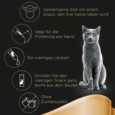 Besedilo v nemščini: Gemeinsame Zeit mit einem Snack, den Ihre Katze lieben wird; Ideal für die Fütterung per Hand; Ein cremiges Leckerli; Ohne Zuckerzusatz.