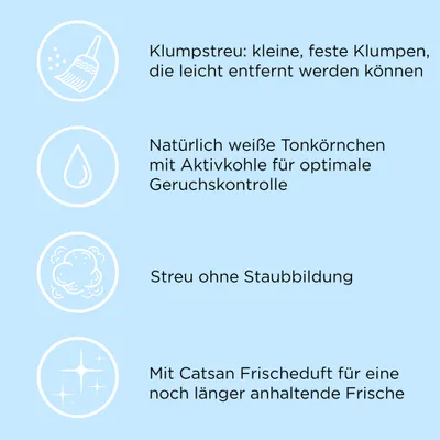 Klumptstreu: kleine, feste Klumpen, leicht entfernbar. Weiße Tonkörnchen mit Aktivkohle für Geruchskontrolle. Staubfreie Streu. Catsan Frischduft für langanhaltende Frische.