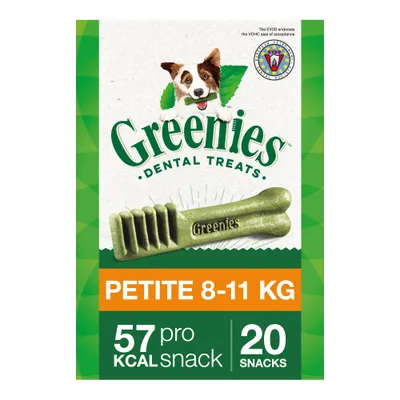 Greenies Dental Treats, PETITE 8–11 kg, 57 kcal pe snack, 20 snacks. Sigiliu VOHC vizibil pe ambalaj.