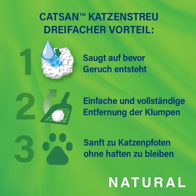 Catsan Katzenstreu mit dreifachem Vorteil: saugt auf bevor Geruch entsteht, einfache Entfernung der Klumpen, sanft zu Katzenpfoten ohne haften zu bleiben. Natural.
