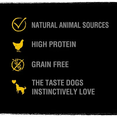 Natural animal sources, high protein, grain free, the taste dogs instinctively love. Key product features shown with icons.