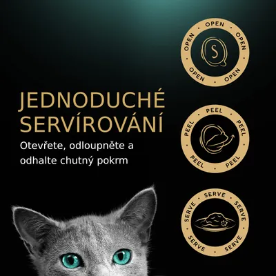Jednoduché servírování. Otevřete, odloupněte a odhalte chutný pokrm. Ikony: open, peel, serve. Část hlavy šedé kočky s modrýma očima.