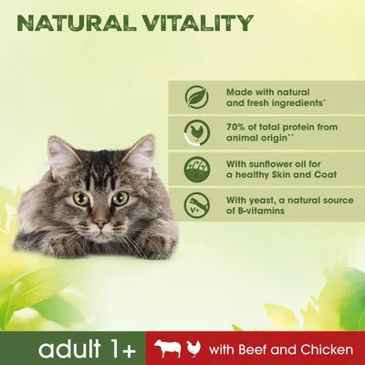 Testo in inglese: Made with natural and fresh ingredients, 70% of total protein from animal origin, with sunflower oil for a healthy skin and coat, with yeast, a natural source of B-vitamins.