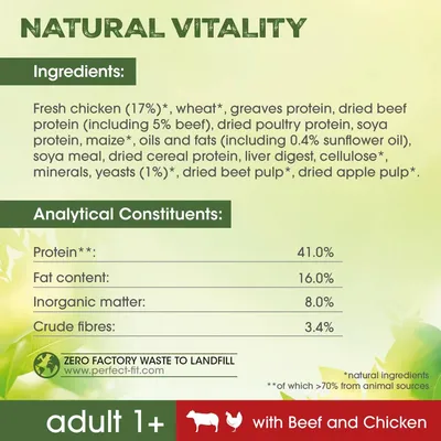 Natural Vitality adult 1+ con manzo e pollo. Ingredienti principali: pollo fresco 17 %, proteine di manzo, frumento. Proteine 41 %, grassi 16 %, materia inorganica 8 %, fibre grezze 3,4 %.