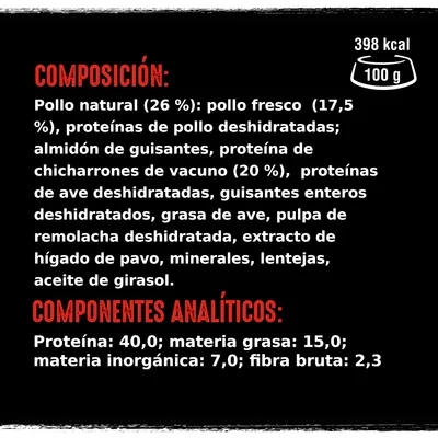 Composición: pollo natural 26 %, vacuno 20 %, guisantes, remolacha, hígado de pavo. Componentes analíticos: proteína 40 %, grasa 15 %, inorgánica 7 %, fibra bruta 2,3 %. 398 kcal/100 g.