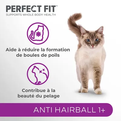 PERFECT FIT. Aide à réduire la formation de boules de poils. Contribue à la beauté du pelage. ANTI HAIRBALL 1+. Texte en anglais : SUPPORTS WHOLE BODY HEALTH.