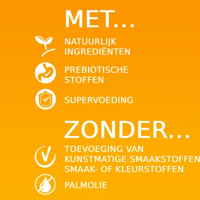 Met: natuurlijke ingrediënten, prebiotische stoffen, supervoeding. Zonder: toevoeging van kunstmatige smaak- of kleurstoffen, palmolie.
