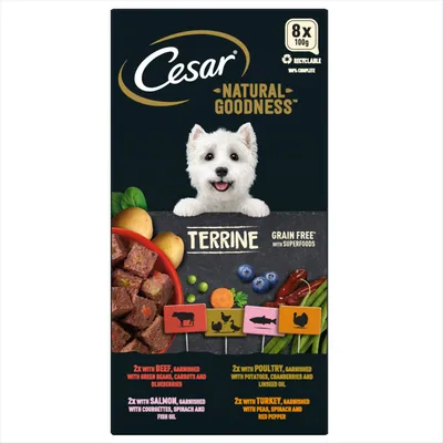 Cesar Natural Goodness Terrine, grain free with superfoods. Contains 8 x 100g: beef with green beans, carrots and blueberries; salmon with courgettes, spinach and fish oil; poultry with potatoes, cranberries and linseed oil; turkey with peas, spinach and red pepper.
