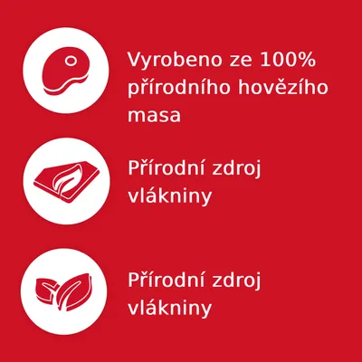 Vyrobeno ze 100% přírodního hovězího masa. Přírodní zdroj vlákniny. Přírodní zdroj vlákniny.
