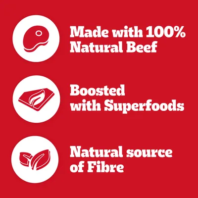 Made with 100% Natural Beef. Boosted with Superfoods. Natural source of Fibre. Text på engelska.