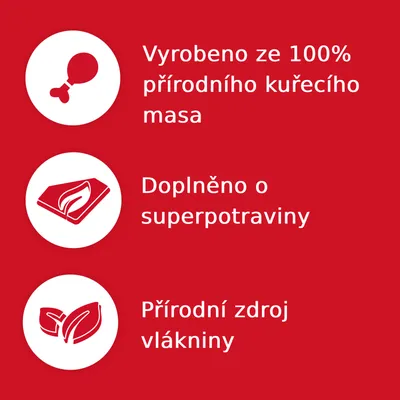 Vyrobeno ze 100% přírodního kuřecího masa. Doplněno o superpotraviny. Přírodní zdroj vlákniny.