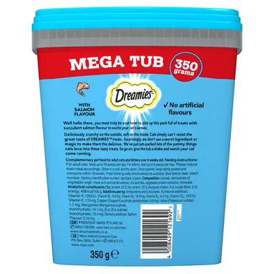 Dreamies Mega Tub 350 grams with salmon flavour, no artificial flavours. Feeding instructions and nutritional information visible on packaging.