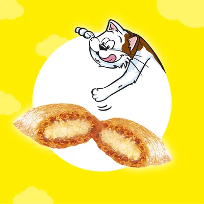 Illustration showing a cartoon animal reaching for two crunchy treats with creamy filling, highlighting product texture and appeal.
