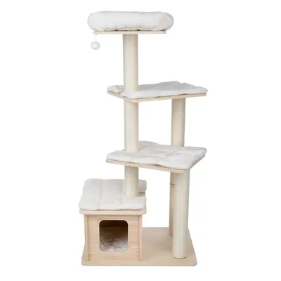 Cat tree made of light wood with four levels, padded resting areas and a cave. Top platform with play ball.