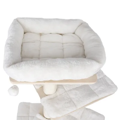 Cat tree with white padded lying surfaces and plush play ball. Multiple levels visible.