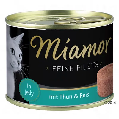 Lata de comida para gatos Miamor Feine Filets, texto visible: In Jelly, mit Thun & Reis. Imagen de un gato y filete en gelatina en la etiqueta.