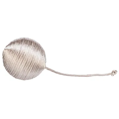 Silver-coloured ball made of shiny material with string, suitable as a toy.