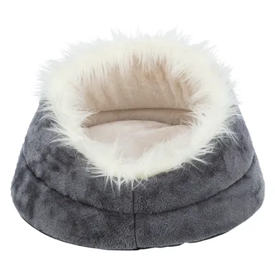 Grå, rund säng för husdjur med mjuk innersida och vit kant av konstpäls. Idealisk som mysig viloplats.