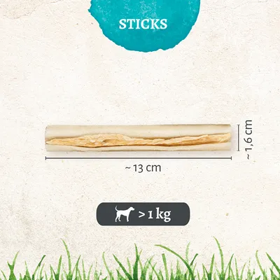 Stick pour chien, longueur env. 13 cm, diamètre env. 1,6 cm, indication : pour chiens de plus de 1 kg. Texte visible : STICKS.