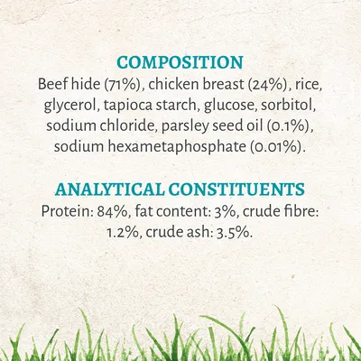 Composition: beef hide 71%, chicken breast 24%, rice, glycerol, tapioca starch, glucose, sorbitol, sodium chloride, parsley seed oil 0.1%, sodium hexametaphosphate 0.01%. Analytical constituents: protein 84%, fat 3%, crude fibre 1.2%, crude ash 3.5%.