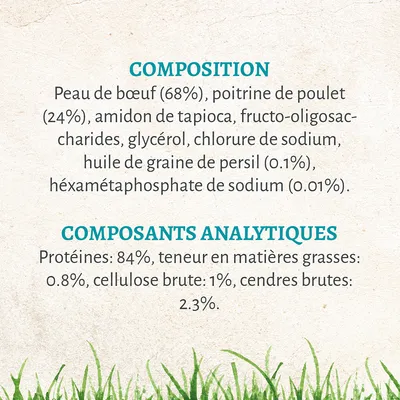Composition : peau de bœuf 68 %, poitrine de poulet 24 %, autres ingrédients. Composants analytiques : protéines 84 %, matières grasses 0,8 %, cellulose brute 1 %, cendres brutes 2,3 %.
