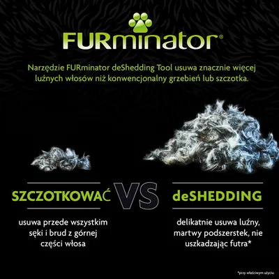 FURminator. Narzędzie deShedding usuwa więcej luźnych włosów niż grzebień lub szczotka. Szczotkować: usuwa sęki i brud z góry włosa. deShedding: usuwa martwy podszerstek, nie uszkadza futra.