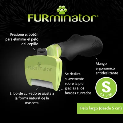 Cepillo FURminator con botón para eliminar pelo, borde curvado, mango ergonómico antideslizante. Tamaño S 4,5–9 kg. Para pelo largo (desde 5 cm). Texto explicativo en la imagen.