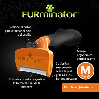 FURminator, cepillo con botón para eliminar pelo, mango ergonómico antideslizante, borde curvado, tamaño M 9–23 kg, pelo largo desde 5 cm. Texto explicativo en español.