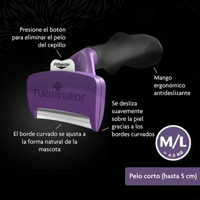 Cepillo FURminator M/L para pelo corto (>4,5 kg). Botón para eliminar pelo, mango ergonómico antideslizante, bordes curvados que se ajustan a la forma natural de la mascota.