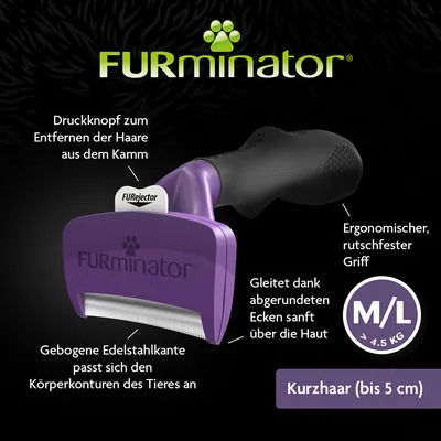 FURminator für Kurzhaar (bis 5 cm), M/L > 4,5 kg. Druckknopf zum Entfernen der Haare aus dem Kamm, gebogene Edelstahlkante passt sich Körperkonturen an, ergonomischer rutschfester Griff.