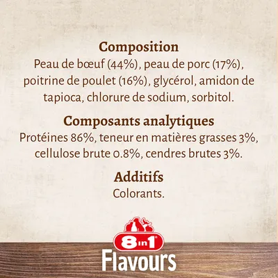 Composition : peau de bœuf 44 %, peau de porc 17 %, poitrine de poulet 16 %, glycérol, amidon de tapioca, chlorure de sodium, sorbitol. Protéines 86 %, matières grasses 3 %. 8in1 Flavours.