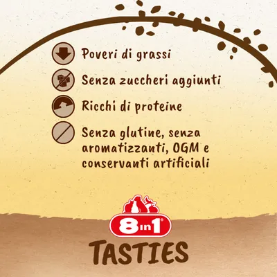 Poveri di grassi, senza zuccheri aggiunti, ricchi di proteine, senza glutine, senza aromatizzanti, OGM e conservanti artificiali. 8in1 Tasties.