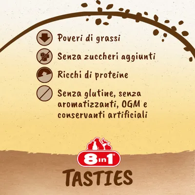 Poveri di grassi, senza zuccheri aggiunti, ricchi di proteine, senza glutine, aromatizzanti, OGM e conservanti artificiali. 8in1 Tasties.