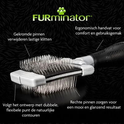 FURminator borstel met gekromde pinnen verwijderen lastige klitten, ergonomisch handvat, volgt ontwerp met dubbele flexibele punt, rechte pinnen zorgen voor glanzend resultaat.